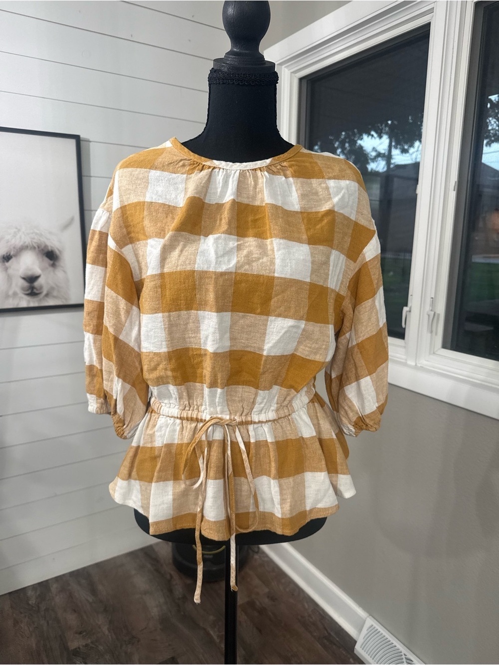 Who What Wear Linen Blend Yellow White Check Peplum Autumn Blouse Small